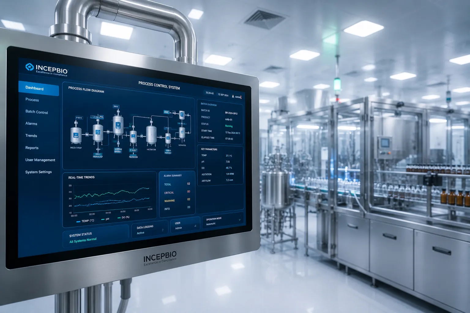 INCEPBIO HMI Touch Panel showing SCADA process flow in a sterile pharmaceutical cleanroom