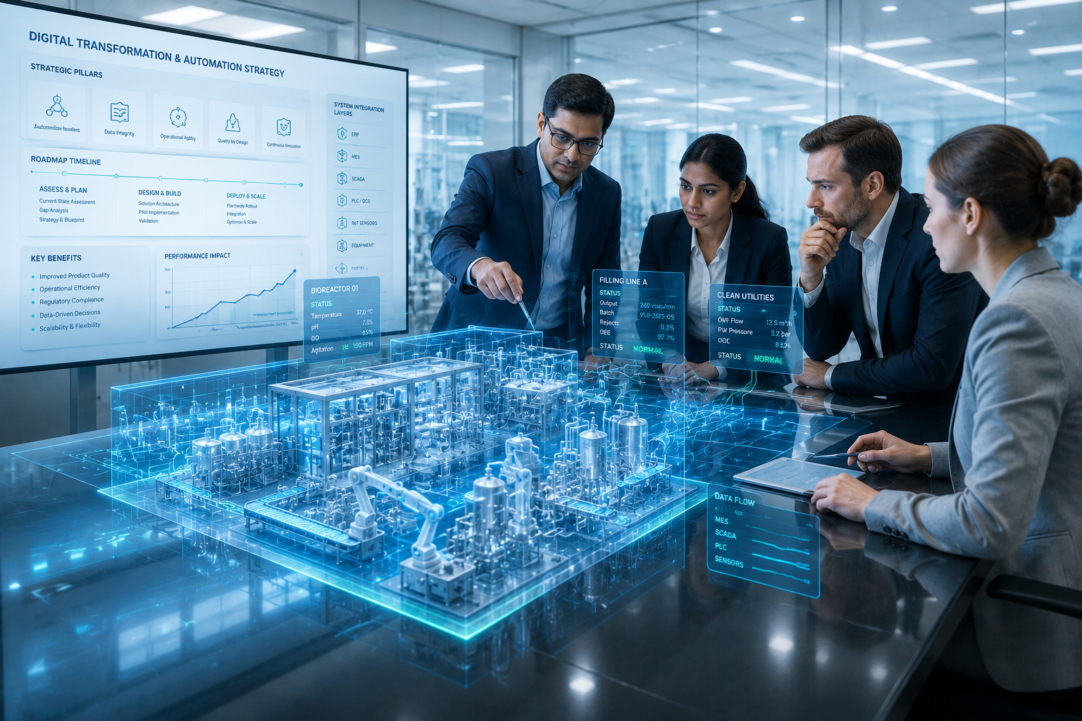 Digital transformation and automation strategy hologram on a conference table