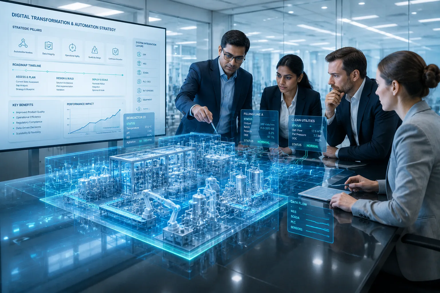 Digital transformation and automation strategy hologram on a conference table